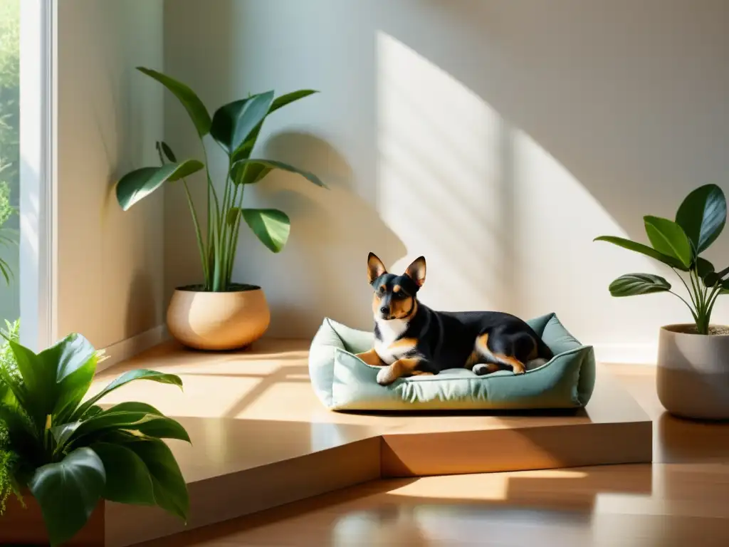 Un rincón armonioso para mascotas que mejora la energía vital, con un acogedor espacio rodeado de plantas verdes y agua