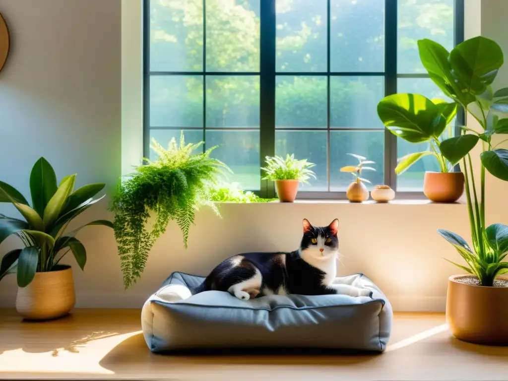 Un rincón armonioso para mascotas con diseño Feng Shui, con luz natural y una fuente relajante