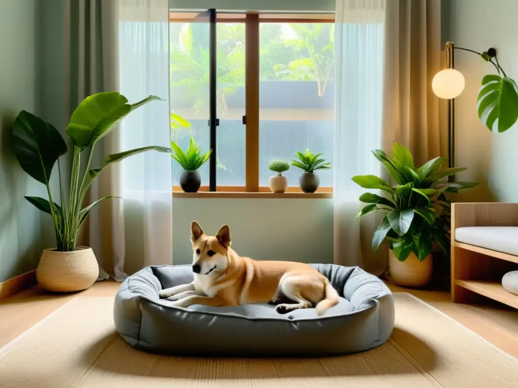 Un rincón armonioso para mascotas con Feng Shui, con muebles minimalistas y una atmósfera serena y equilibrada