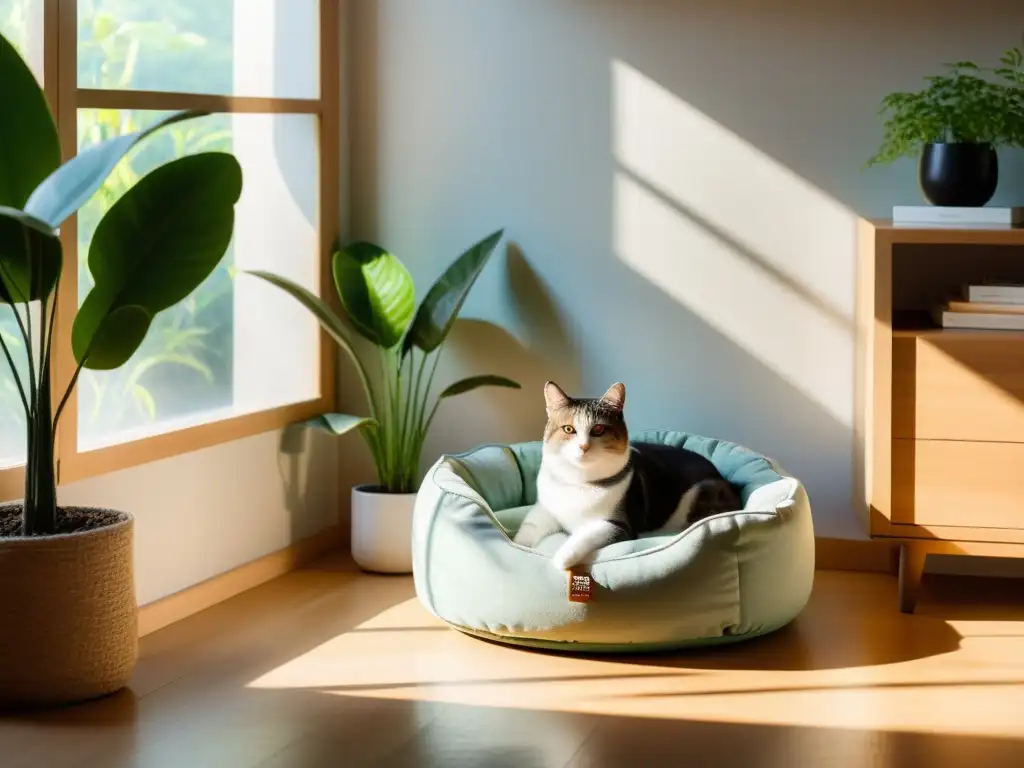 Un rincón armonioso para mascotas con Feng Shui, rodeado de plantas y texturas naturales, bañado por la luz solar