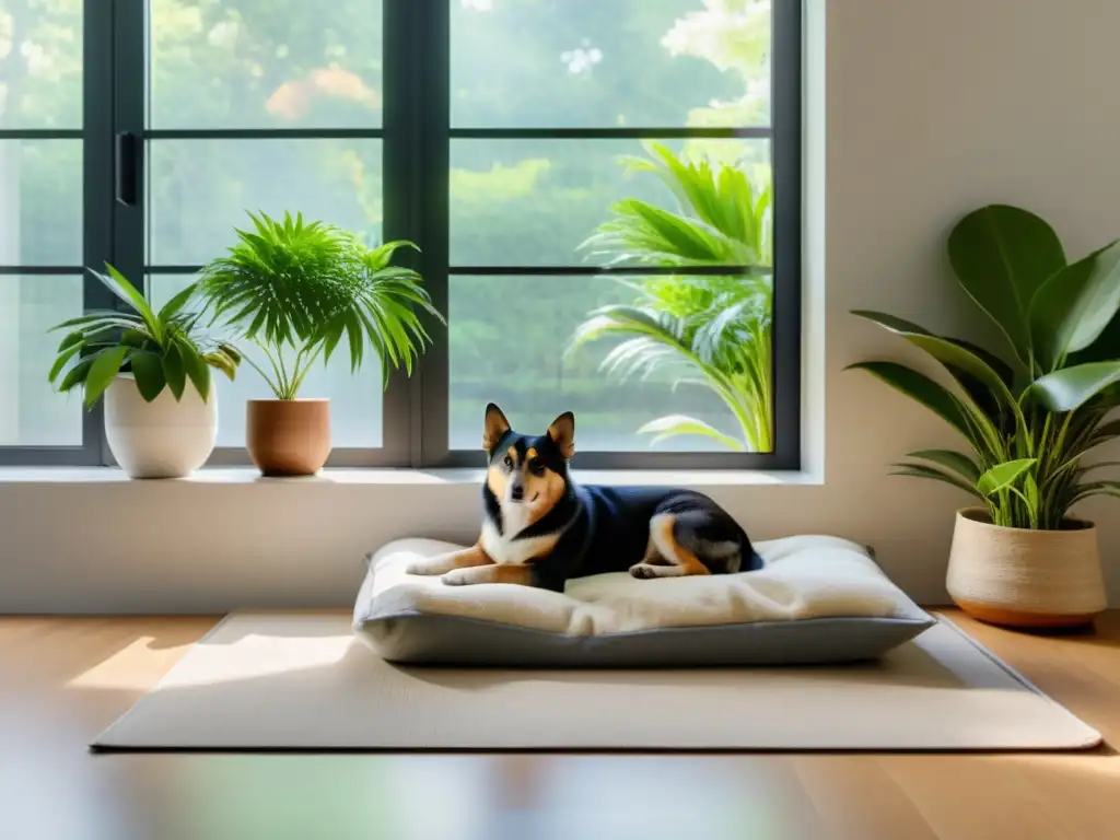 Un rincón de descanso para mascotas con un ambiente sereno y minimalista, con una cama acogedora y plantas, cerca de una ventana soleada