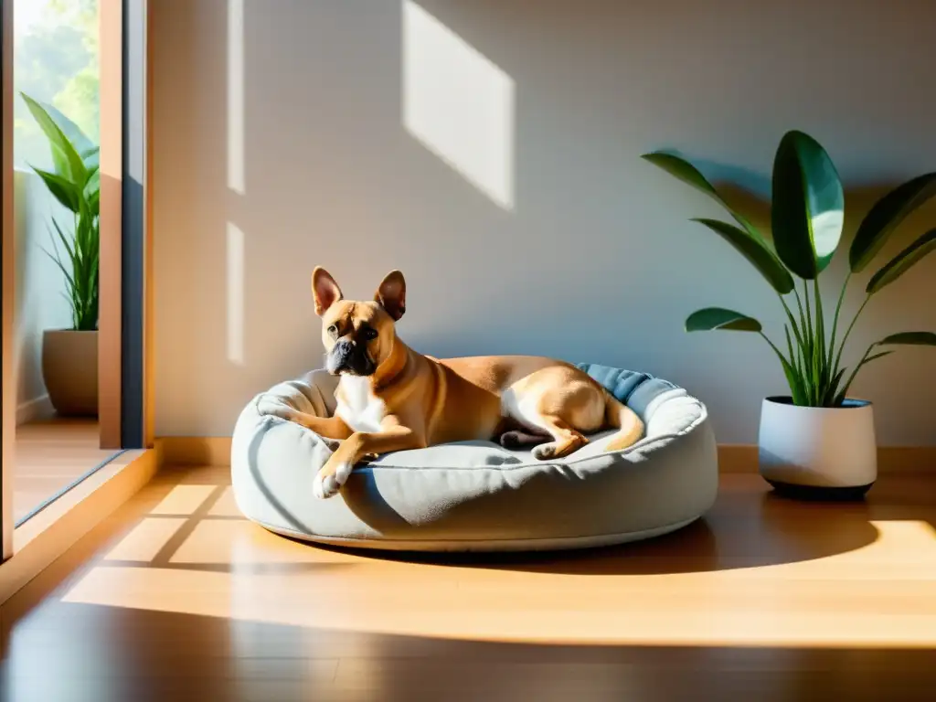 Un rincón sereno y armonioso para mascotas, con un lecho en la luz solar, plantas y fuente