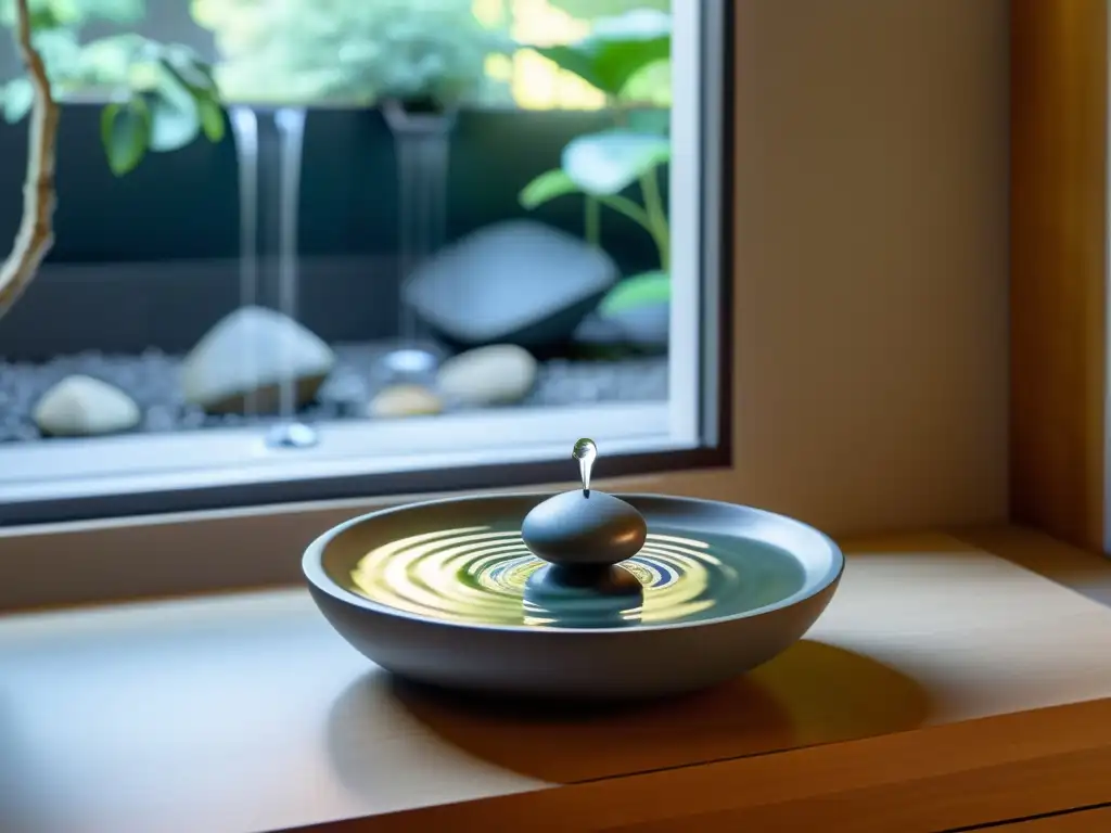 Fuente de agua tranquila en rincón sereno Un rincón sereno con una fuente de agua y amuletos Feng Shui protección mascotas, emitiendo tranquilidad