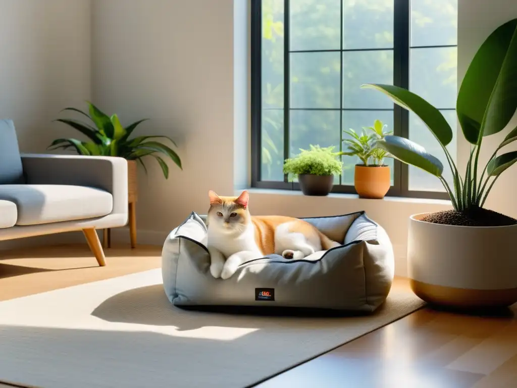 Un rincón sereno de Feng Shui para mascotas en casa: luz natural ilumina un acogedor espacio con plantas y decoración neutra