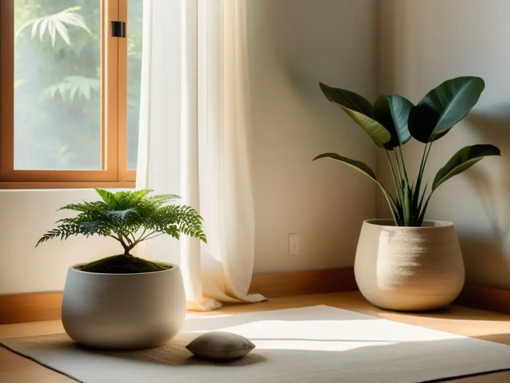 Un rincón sereno y minimalista para meditar en casa, con elementos de Feng Shui que aportan armonía y paz al espacio