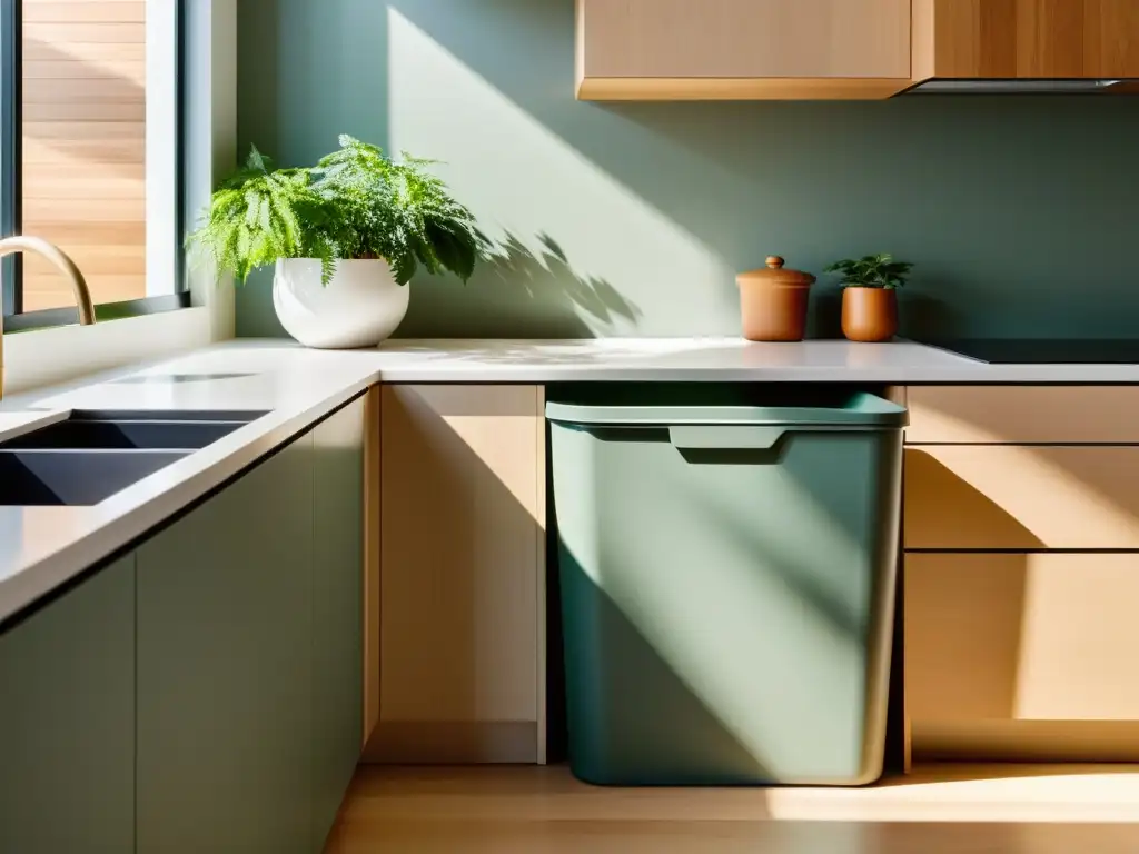 Un rincón sereno de reciclaje en una cocina minimalista, con plantas y luz natural