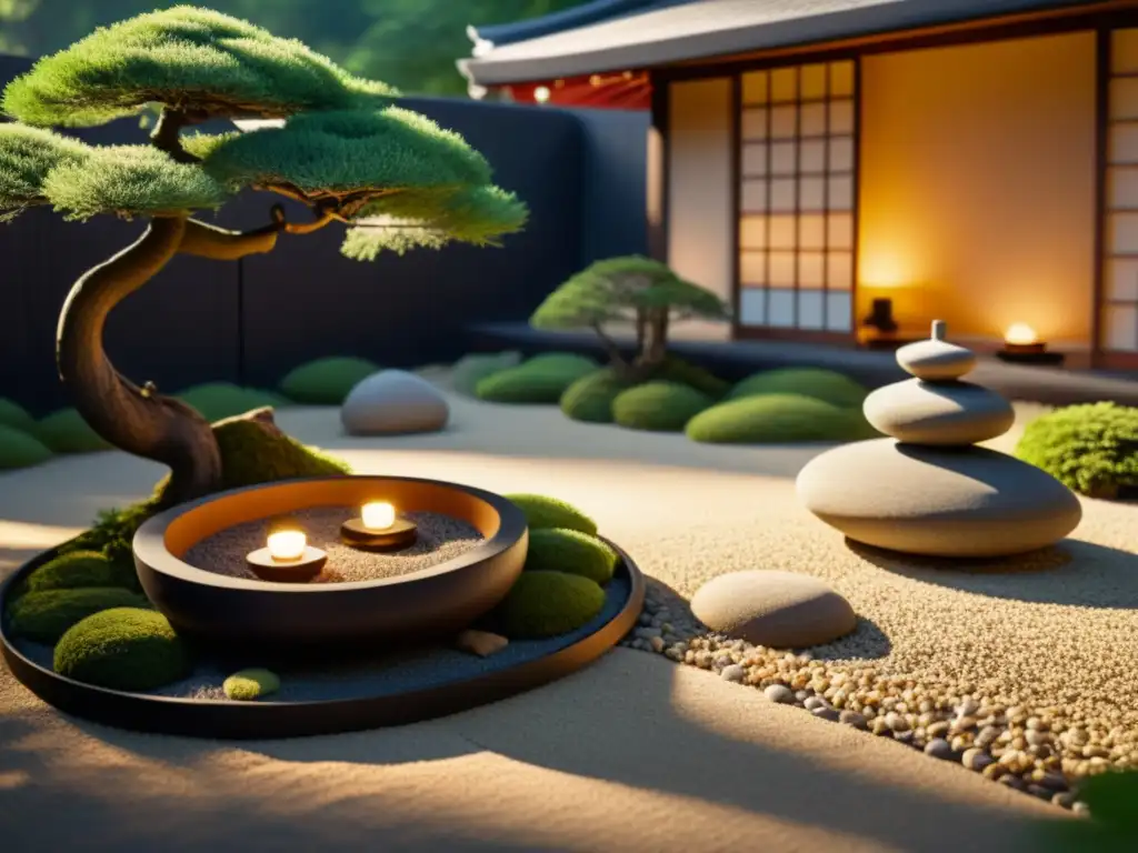 Rincones de meditación jardín Feng Shui con bonsái, piedras cubiertas de musgo y faroles brillantes, creando una atmósfera serena y tranquila al atardecer