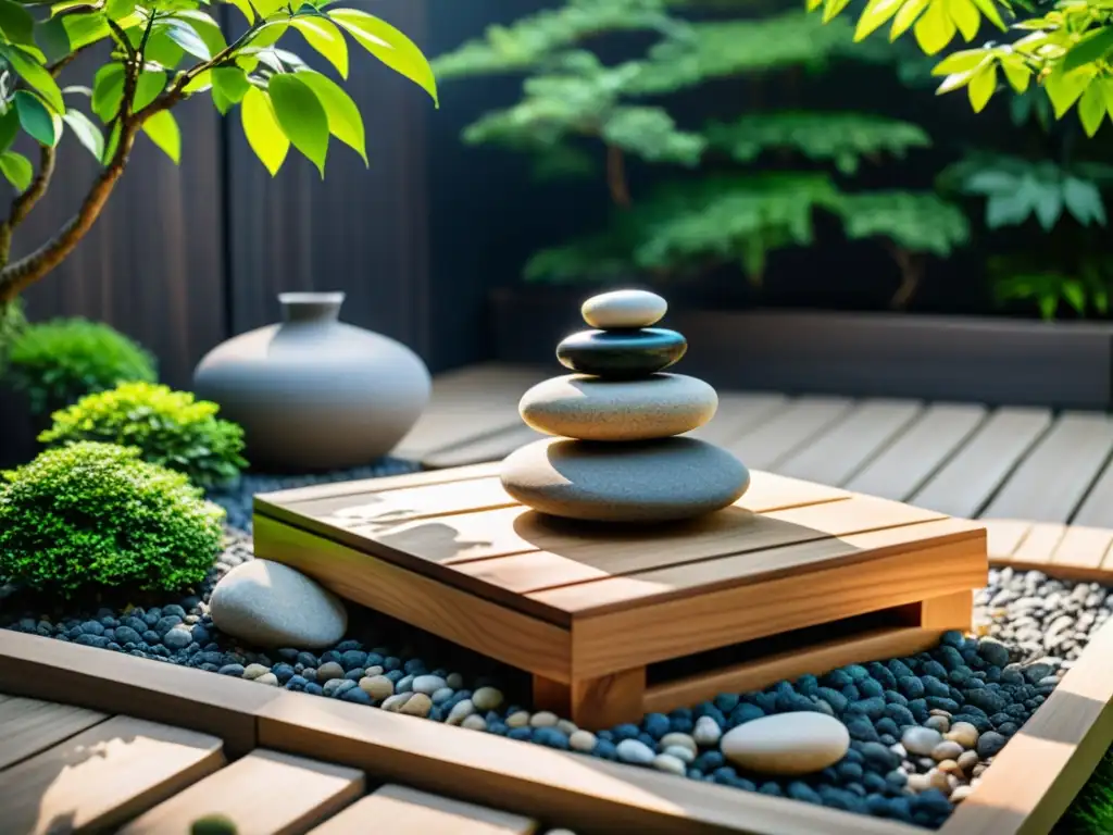 Rincones de meditación jardín Feng Shui: Un espacio sereno con plataforma de madera y bonsái, rocas y vegetación