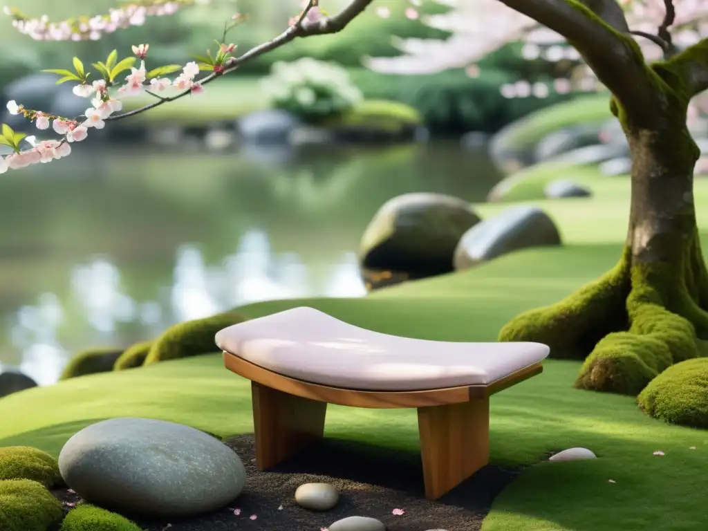 'Rincones de meditación en jardín: banco de meditación de madera bajo un cerezo en flor, rodeado de piedras y musgo, bañado por la suave luz del sol