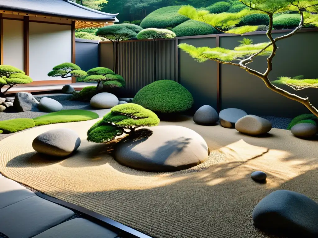 Rincones de meditación en jardín: Jardín japonés sereno con gravilla, rocas y plantas esculturales, bañado por la luz del sol de la tarde