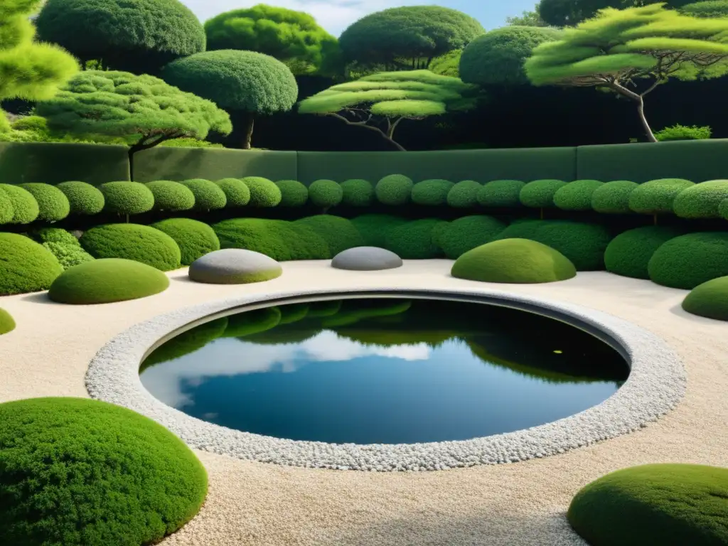 Rincones de meditación jardín Feng Shui: Sereno jardín japonés con patrones simétricos en grava, estanque tranquilo y exuberante vegetación