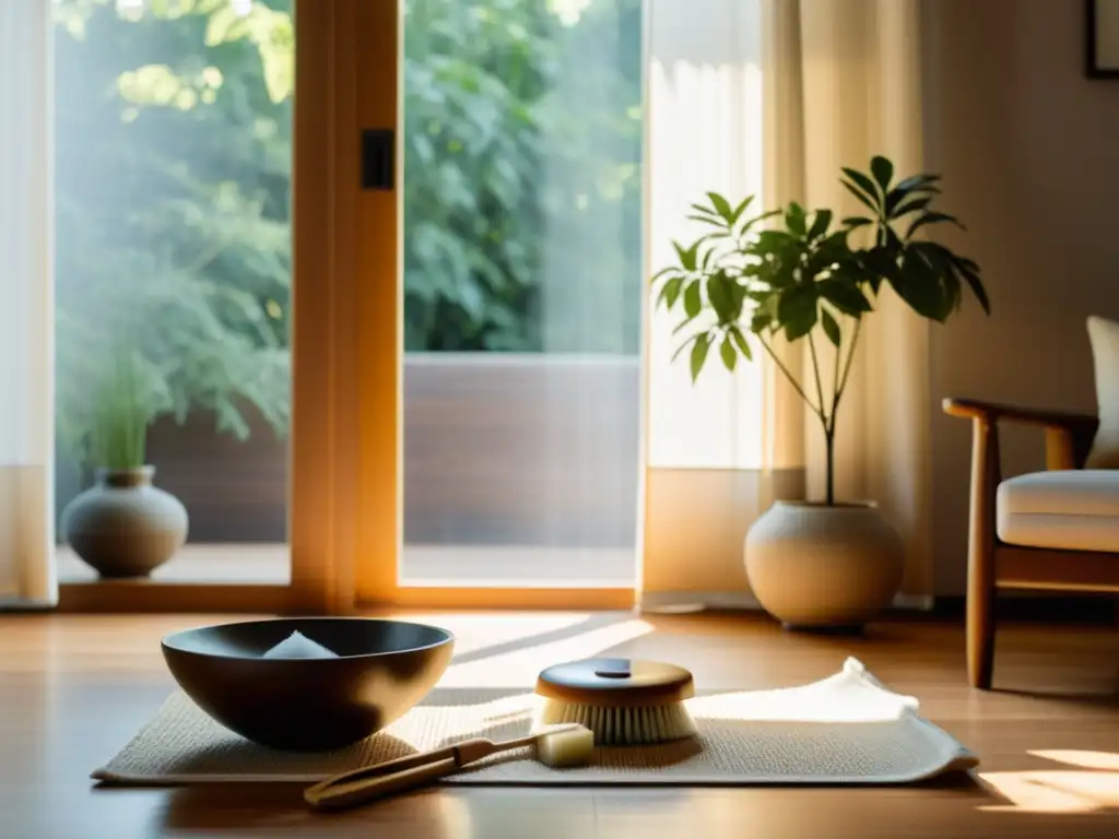 Rituales de limpieza Feng Shui en un ambiente sereno y minimalista con luz natural suave