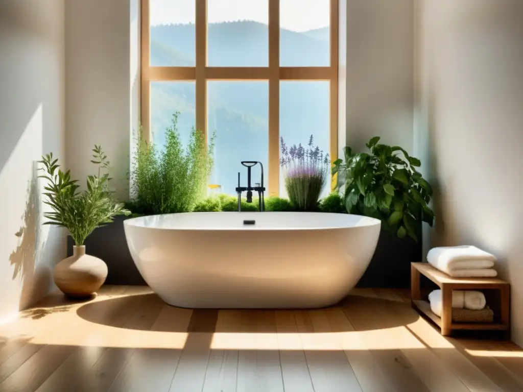 Rituales baños purificación energética: Baño minimalista con bañera llena de hierbas aromáticas y aceites esenciales, iluminado por luz natural suave