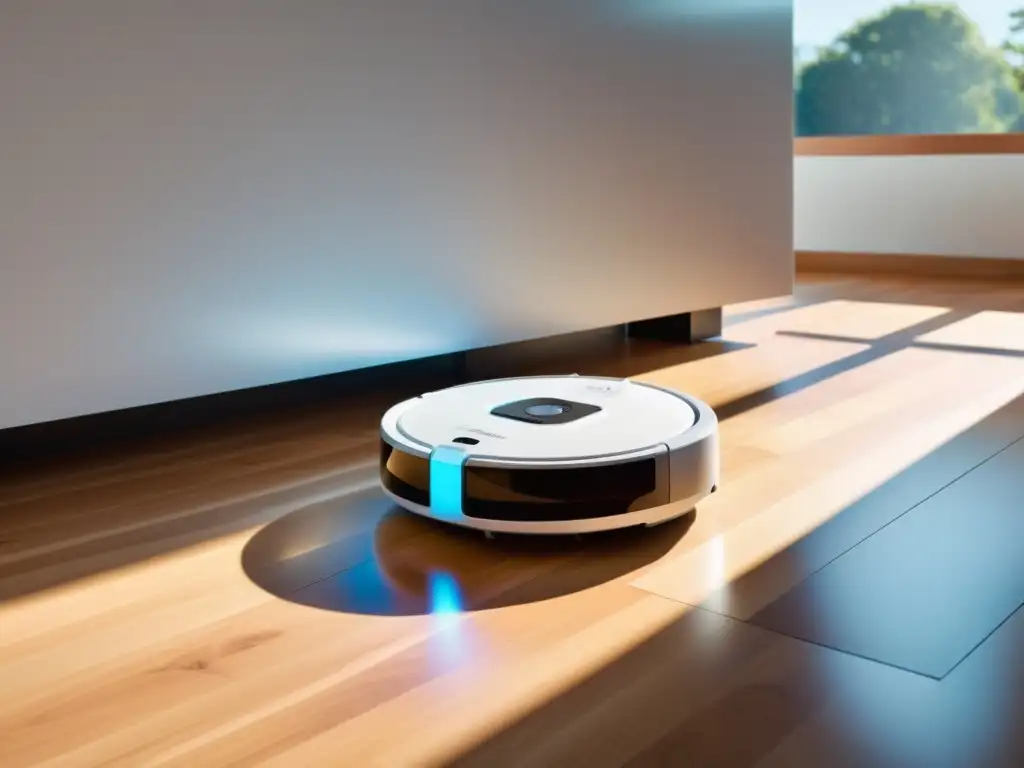 Un robot de limpieza Feng Shui deslizándose sin esfuerzo por un suelo de madera bañado por la cálida luz del sol, fusionando tecnología y armonía en un hogar moderno y minimalista