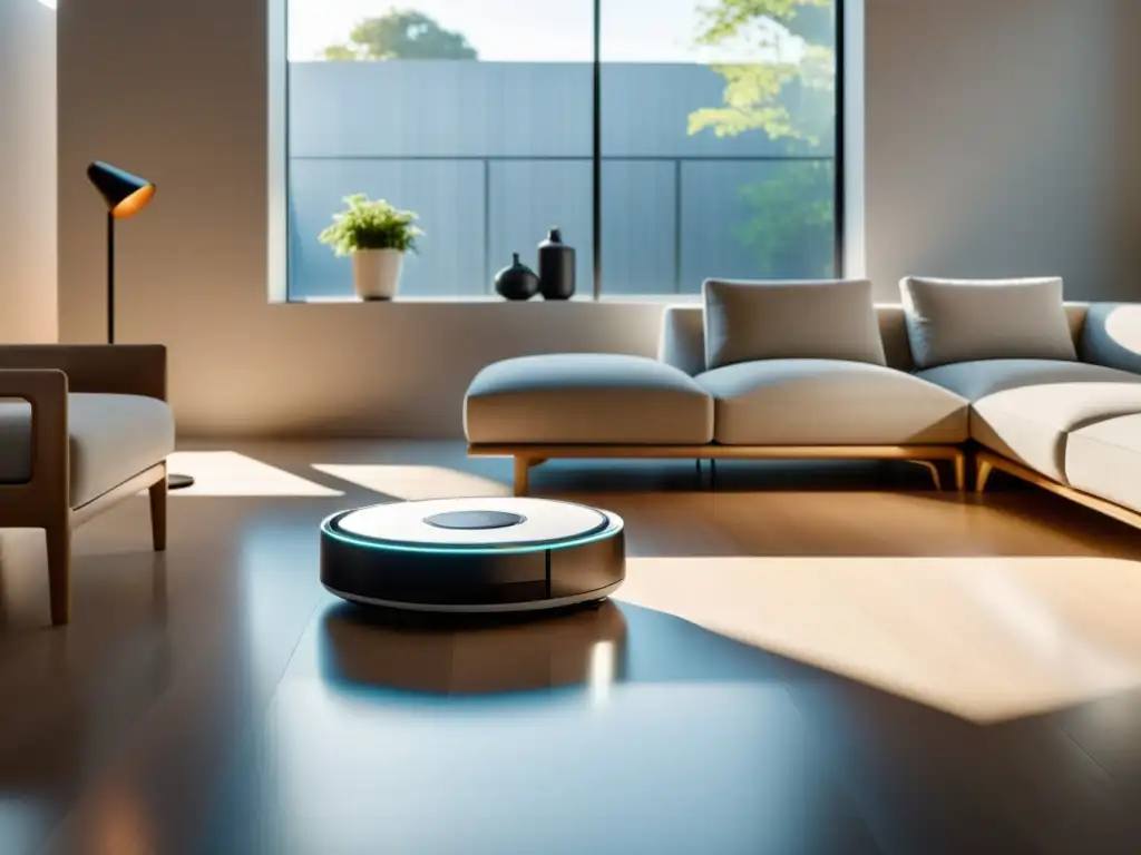 Un robot de limpieza Feng Shui deslizándose en un salón minimalista, irradiando calma y armonía en el hogar