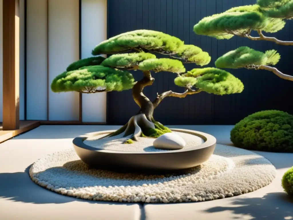 Jardín Zen con roca y bonsáis, reflejando armonía, balance y técnicas de jardinería ecológica Feng Shui