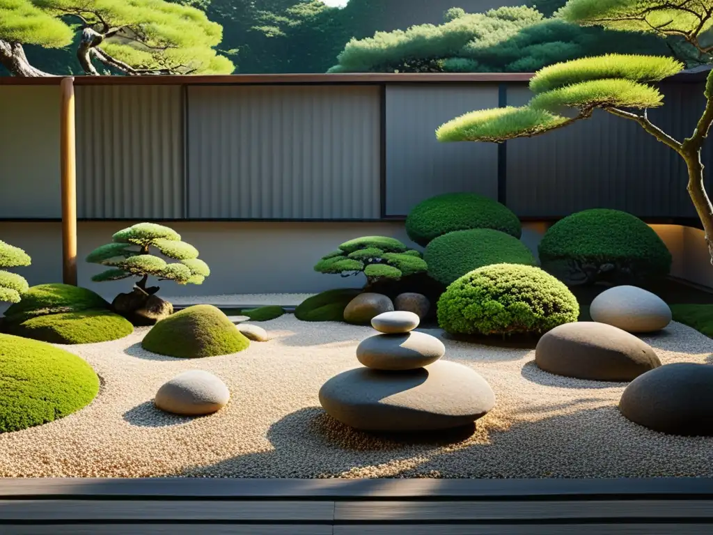 Un jardín de roca japonés minimalista con grava cuidadosamente rastrillada, piedras cubiertas de musgo y bonsáis