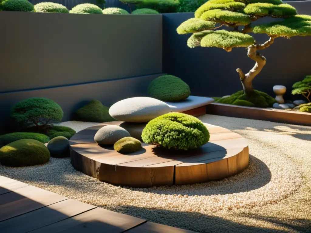 Un jardín de roca japonés sereno con grava cuidadosamente rastrillada, rodeado de piedras cubiertas de musgo y árboles bonsái podados