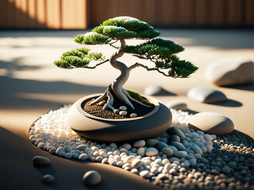 Jardín Zen con rocas, árbol bonsái y grava blanca