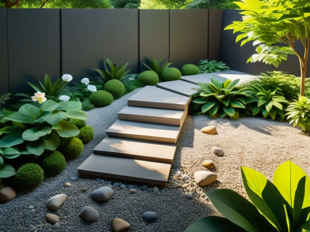 Jardín zen con rocas, arroyo, grava y vegetación exuberante, transmite equilibrio y paz