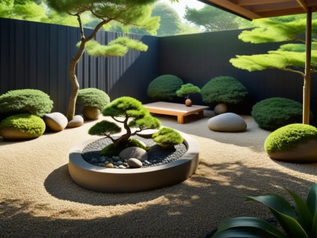 Jardín zen con rocas, bonsáis y arroyo