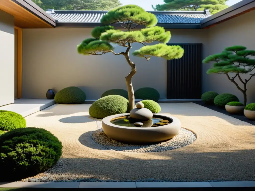 Un jardín zen con rocas, bonsáis y una fuente, reflejando armonía y equilibrio