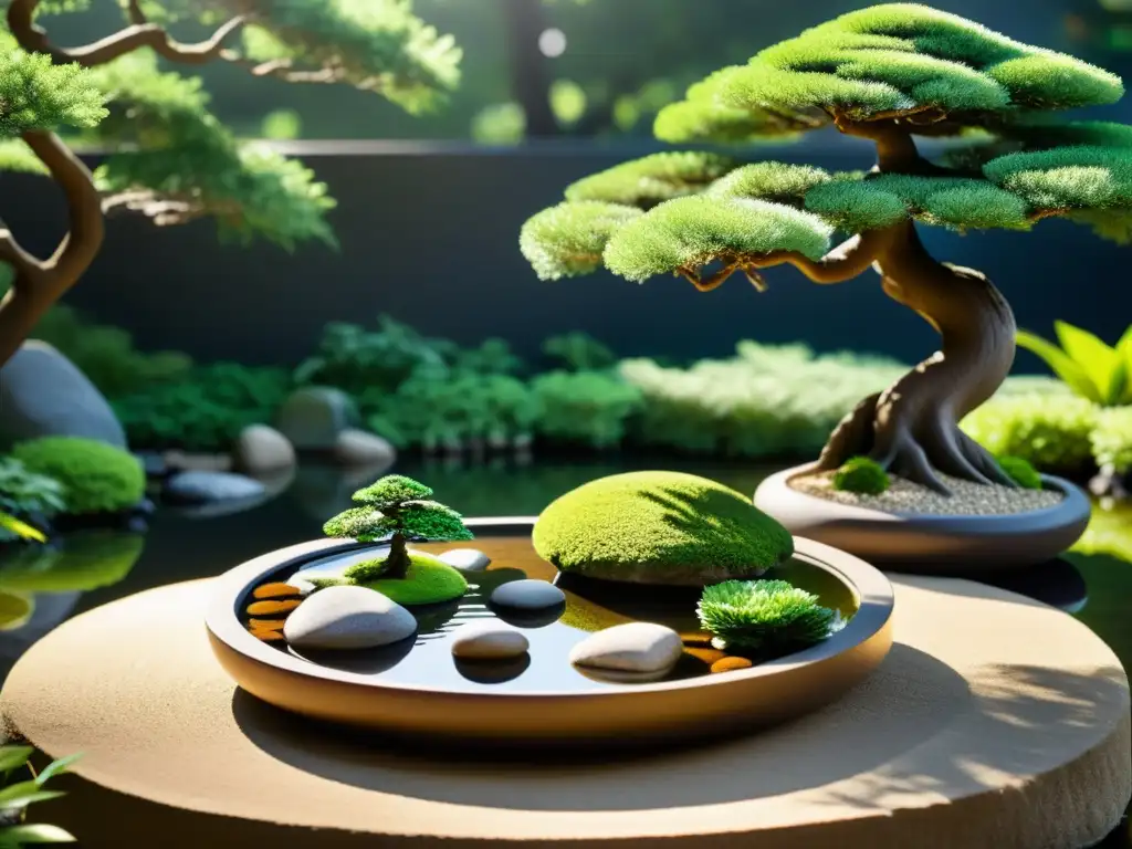 Un jardín zen con rocas cuidadosamente dispuestas, grava rastrillada y bonsáis podados, enmarcado por vegetación exuberante y un estanque tranquilo