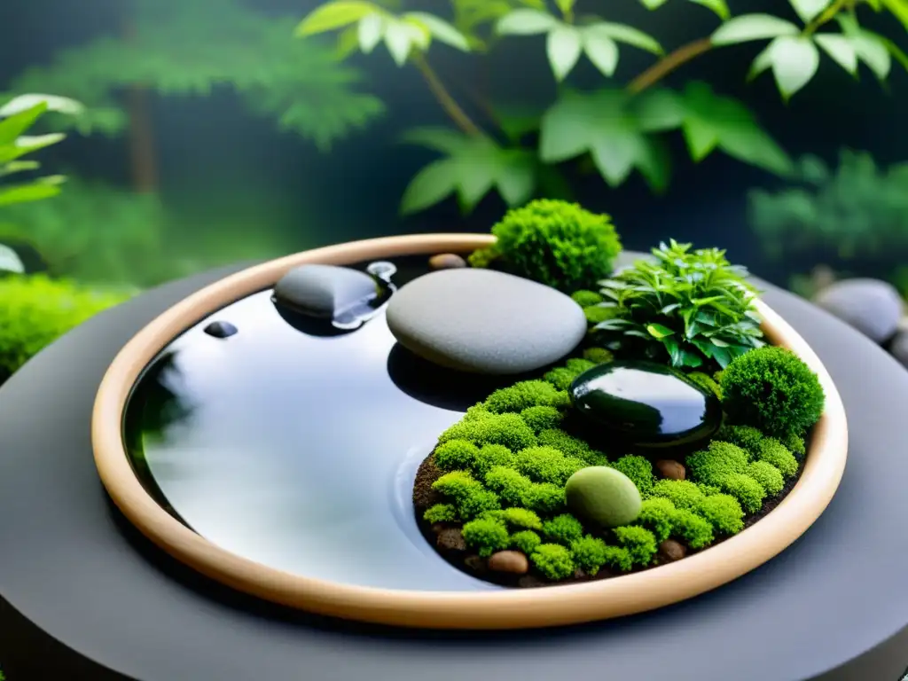 Jardín Zen con rocas equilibradas y agua tranquila, evocando paz y armonía