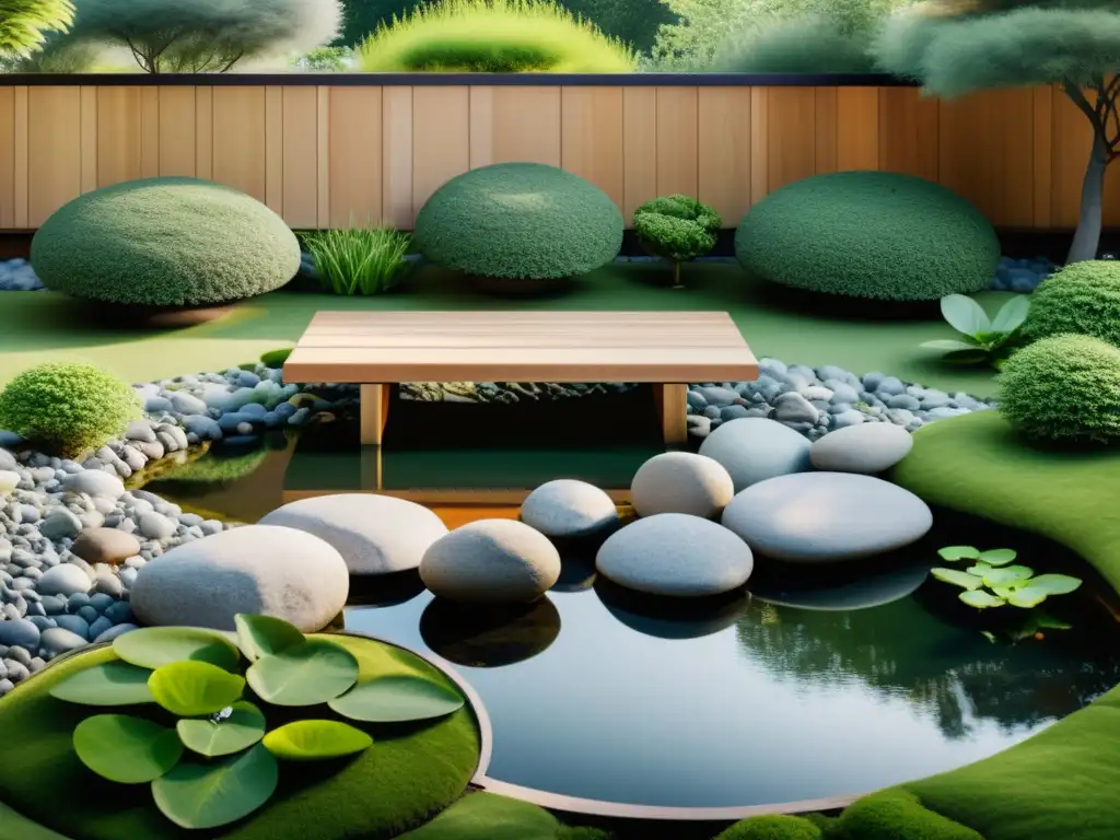 'Jardín zen aplicando el Bagua en diseño: rocas, estanque, banco de meditación