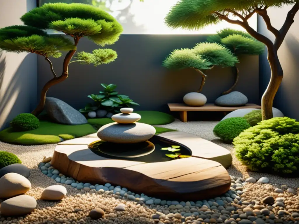 Jardín Feng Shui para armonía con rocas, estanque tranquilo, bonsái central, sendero de guijarros y banco de madera para contemplación