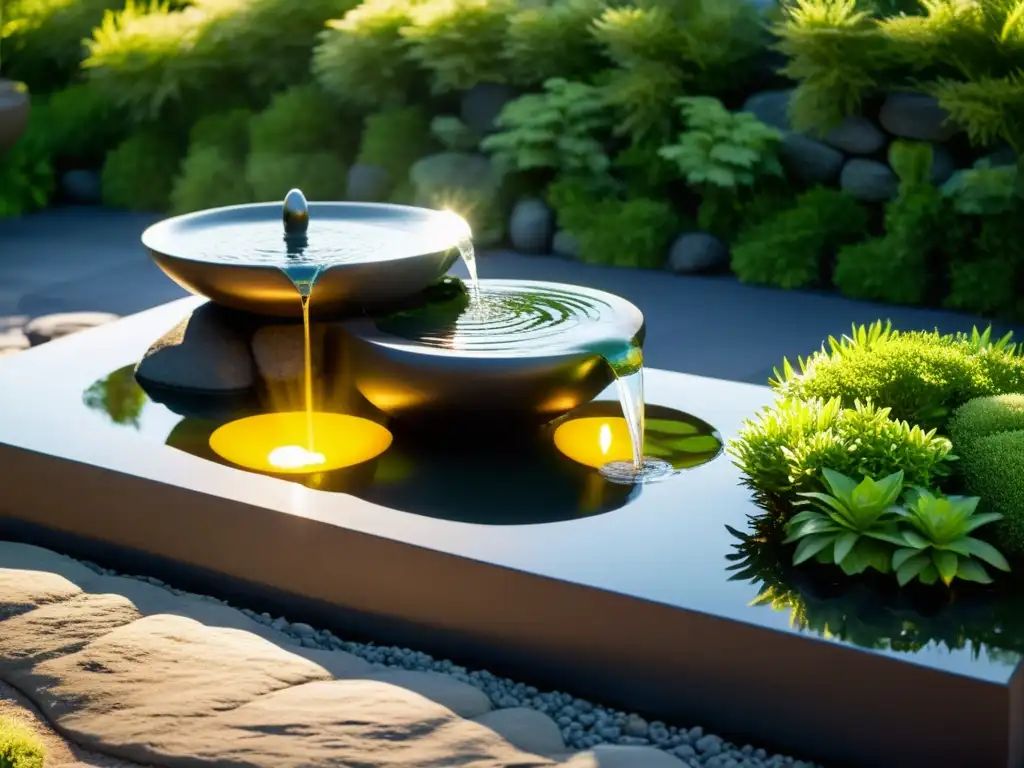 Jardín zen con rocas, fuente y exuberante vegetación bañados en luz dorada