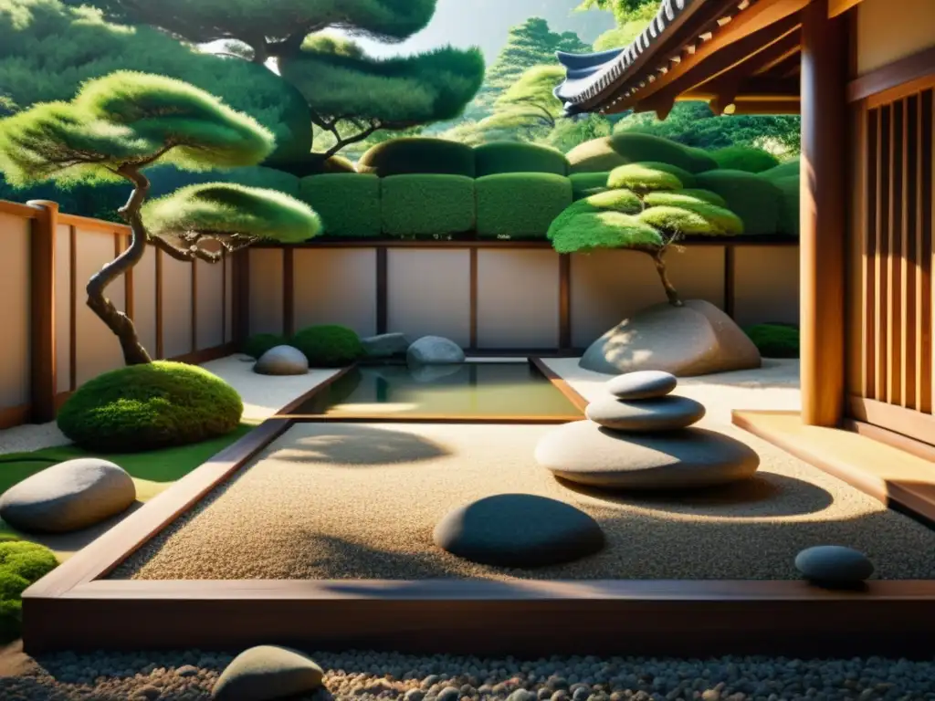 Jardín japonés zen con rocas, grava y vegetación, evocando armonía y tranquilidad para el Feng Shui y prácticas espirituales occidentales