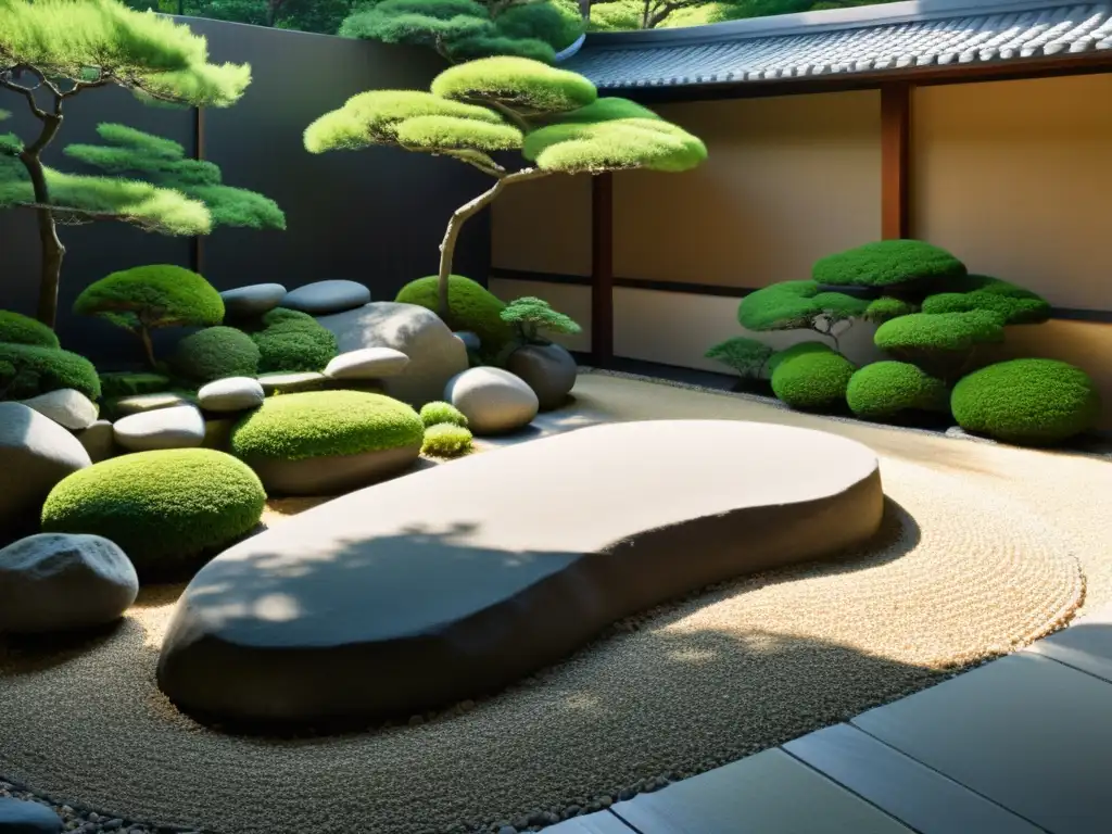 Un jardín japonés zen con diseño Feng Shui para jardines exteriores, rocas y gravilla cuidadosamente dispuestas, rodeado de exuberante vegetación