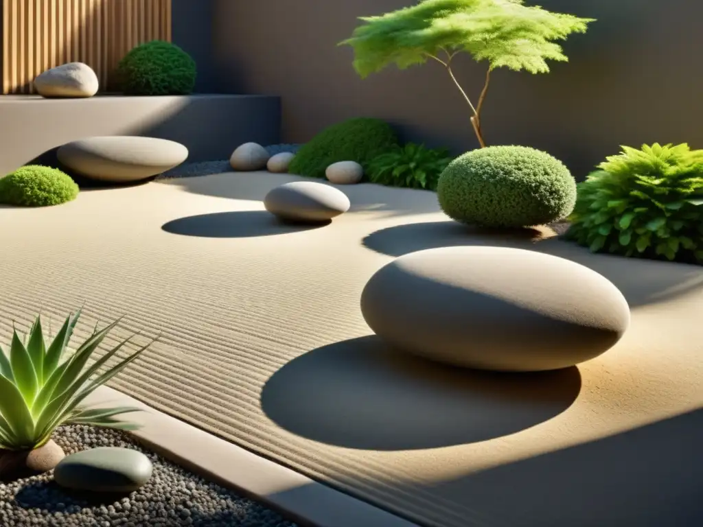 Un jardín zen con rocas y gravilla cuidadosamente rastrillada