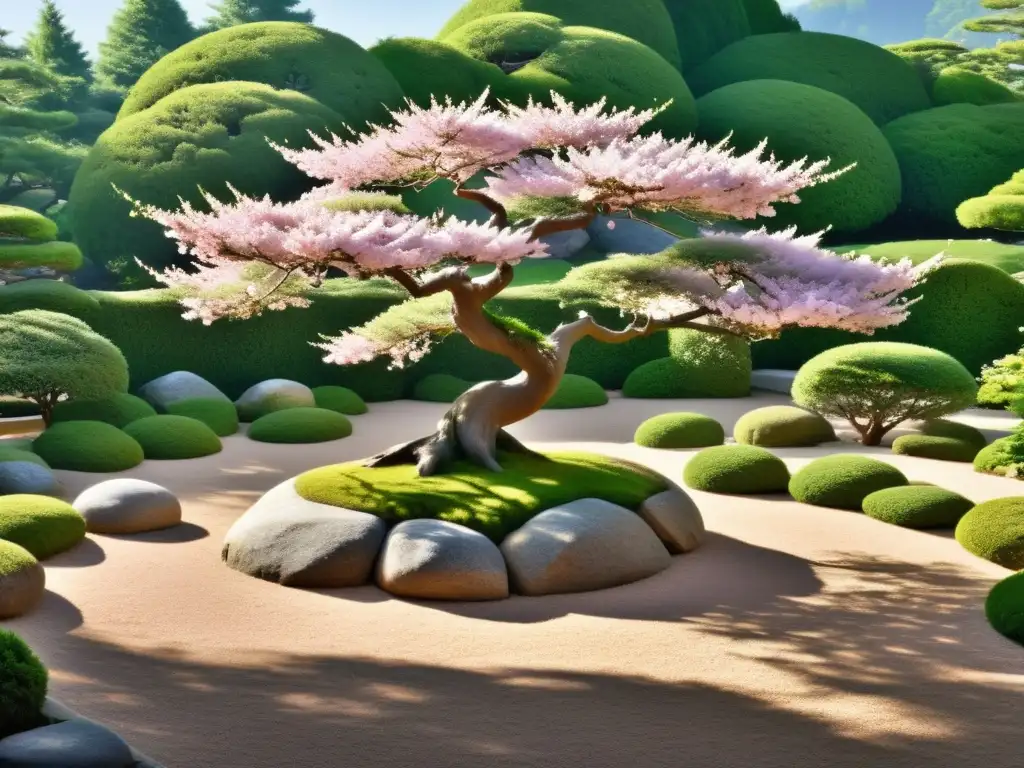 Jardín de rocas japonés con árboles y arbustos para Feng Shui, sereno y armonioso, con un cerezo en flor y luz solar filtrada entre pétalos