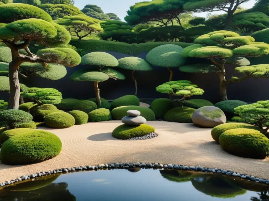 Jardín de rocas japonés con bonsáis y estanque, reflejando equilibrio emocional y espejos en Feng Shui