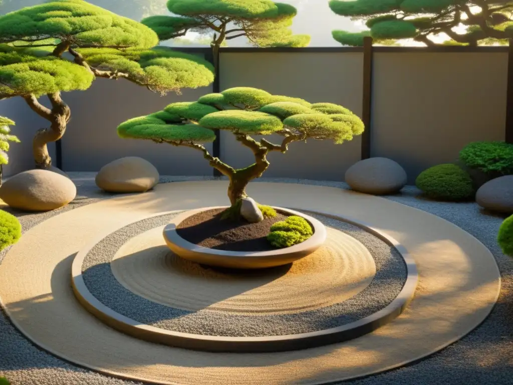 Jardín de rocas japonés con bonsáis y farol de piedra, bañado por la suave luz del atardecer