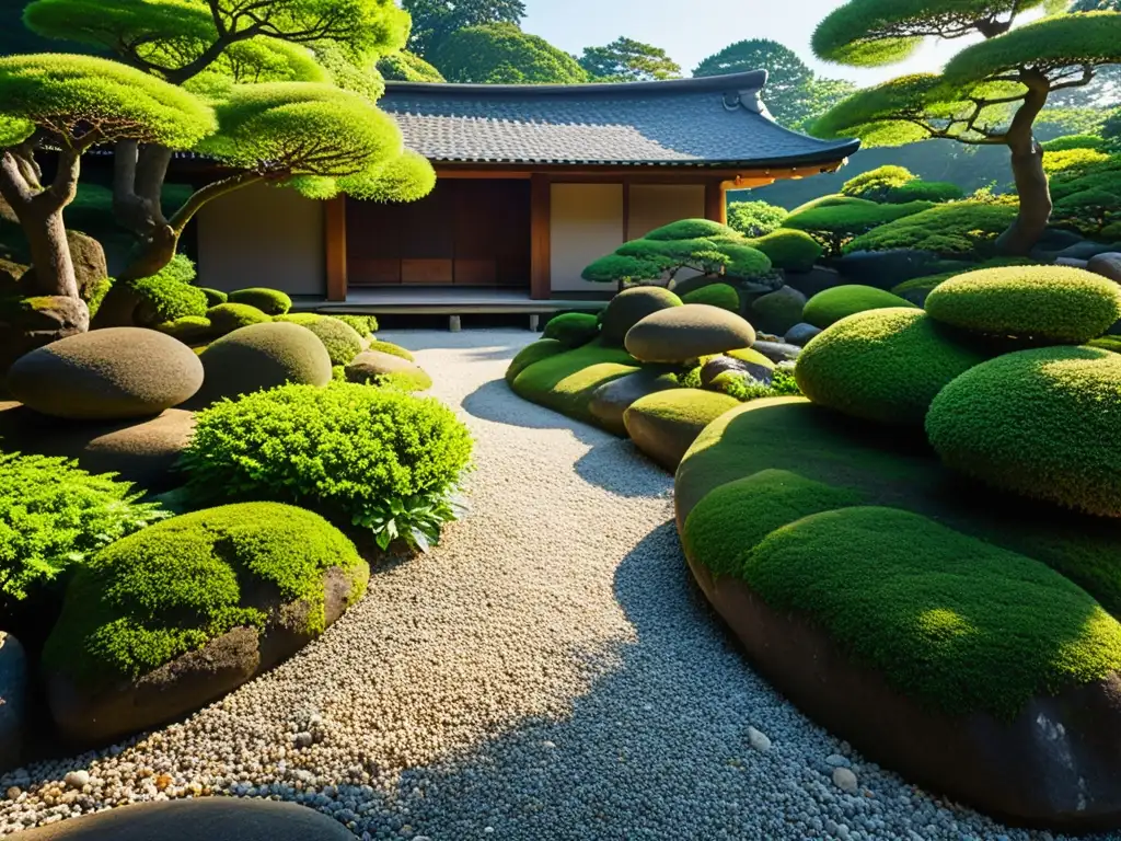 Un jardín de rocas japonés con camino de grava meticulosamente ordenado