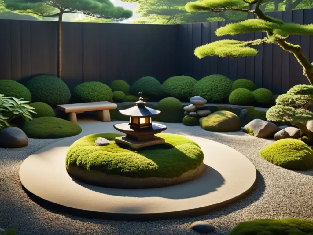 Jardín de rocas japonés con elegante diseño Feng Shui, rodeado de musgo y una linterna de piedra