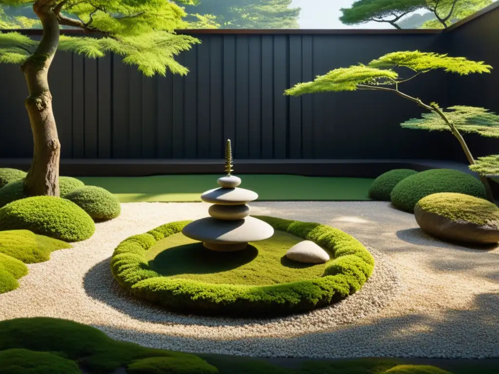 Un jardín de rocas japonés equilibrado con pagoda de piedra, rocas meticulosamente colocadas y musgo verde