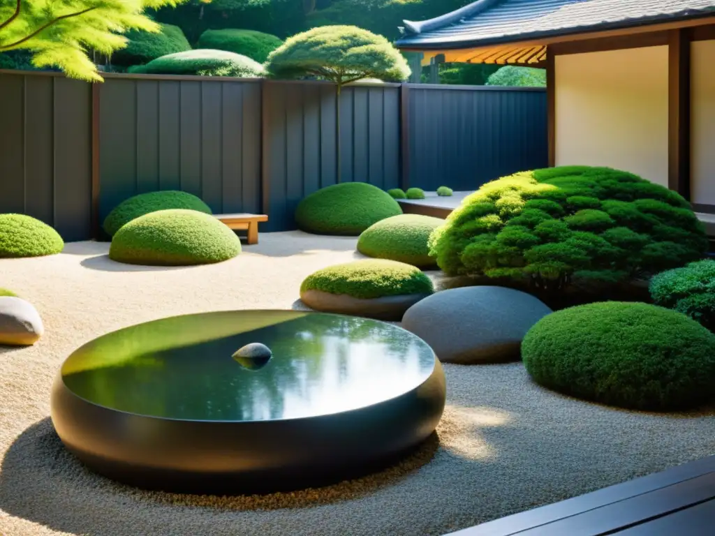 Un jardín de rocas japonés con equilibrio perfecto y diseño Feng Shui, rodeado de tranquilidad y armonía