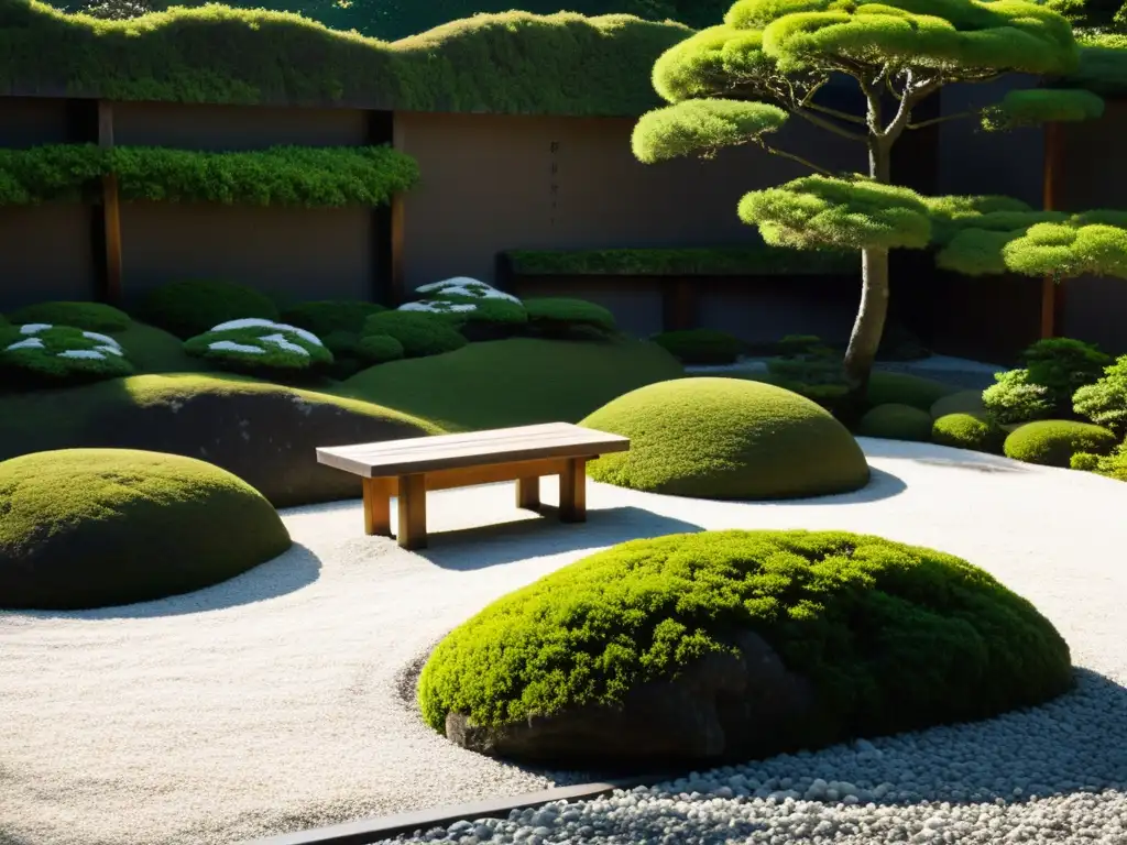 Un jardín de rocas japonés, o 'karesansui', con grava blanca cuidadosamente rastrillada y rocas estratégicamente colocadas