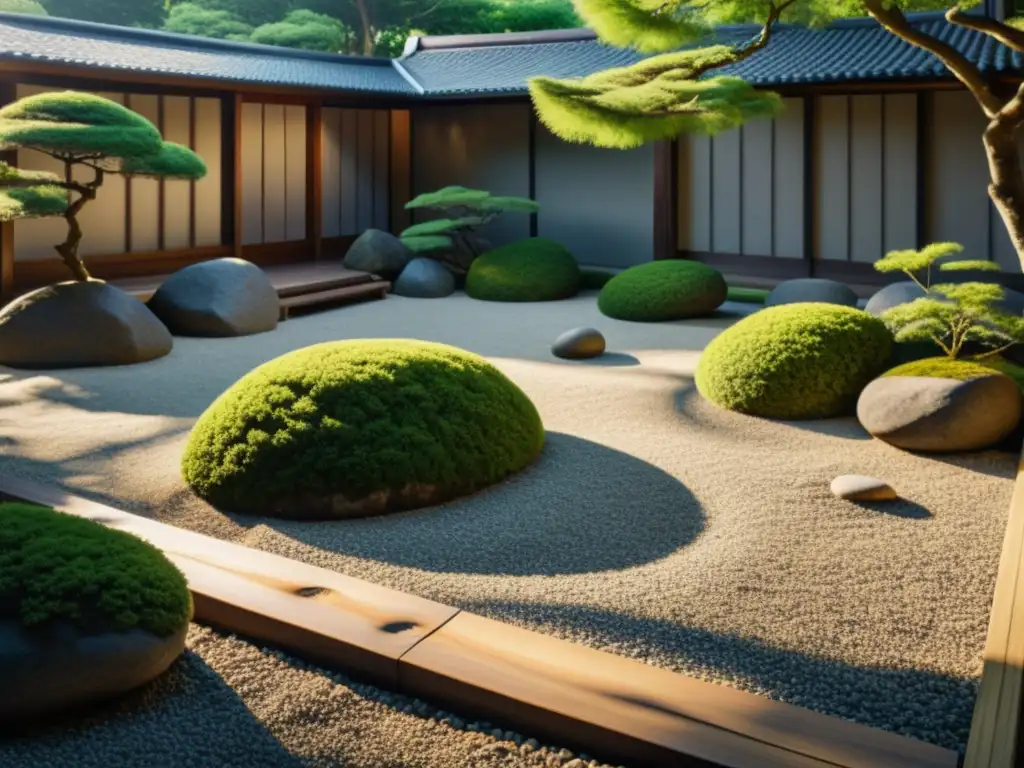 Un jardín de rocas japonés, con grava cuidadosamente rastrillada y grandes rocas, rodeado de vegetación exuberante y una valla de madera tradicional