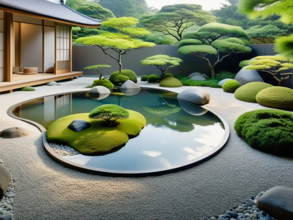 Un jardín de rocas japonés sereno, con un área de grava perfectamente rastrillada y elementos acuáticos Feng Shui, reflejando serenidad y equilibrio