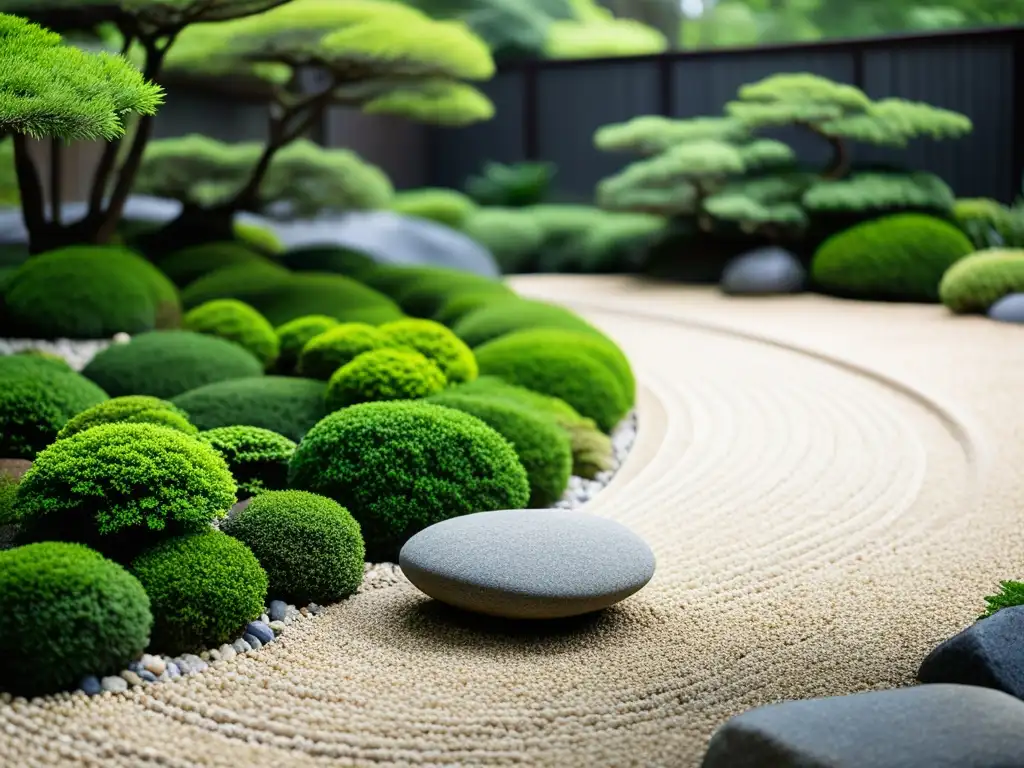 Un jardín de rocas japonés sereno con armonía sostenible y equilibrio Feng Shui exterior para armonía sostenible