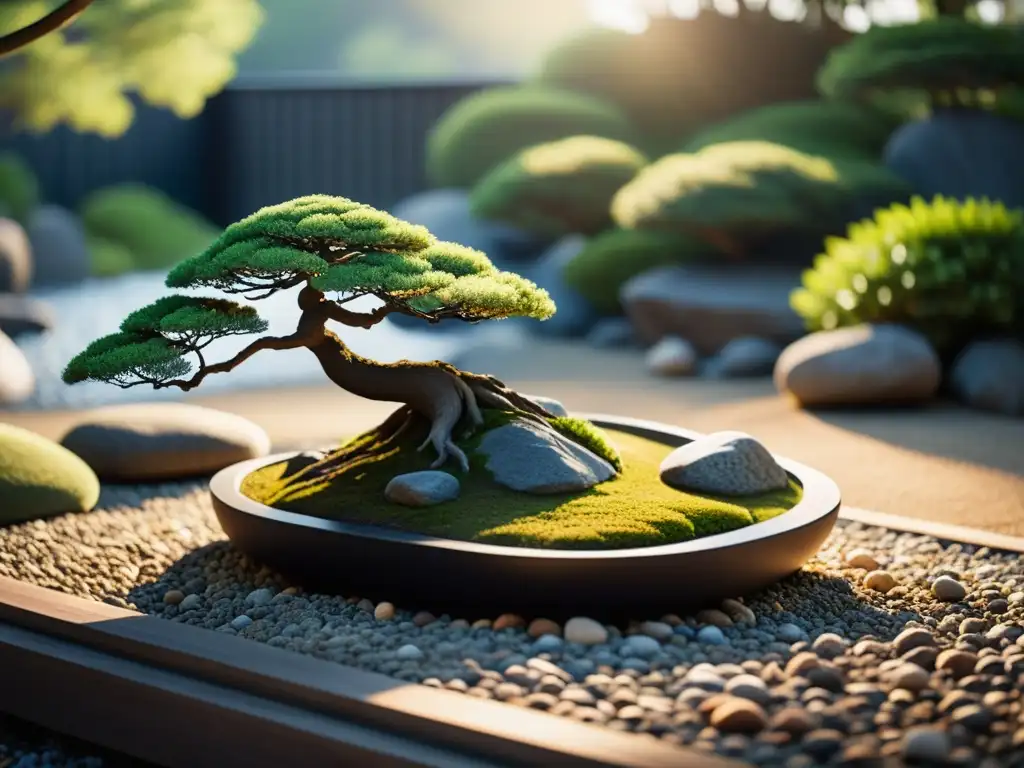 Un jardín de rocas japonés sereno con un bonsái, rodeado de piedras de río