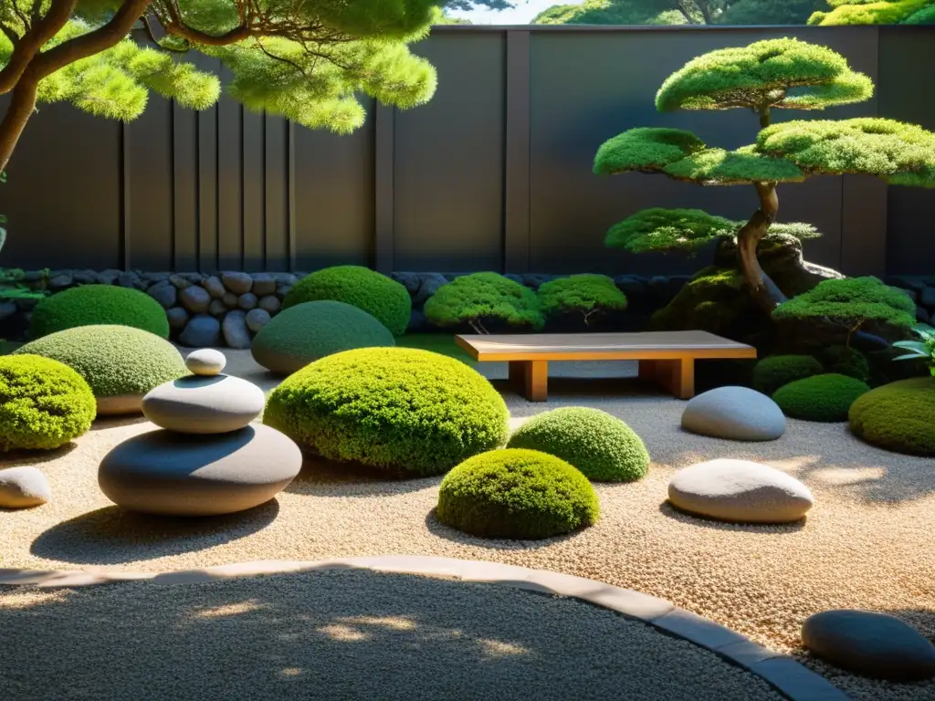 Un jardín de rocas japonés sereno con bonsáis y vegetación exuberante