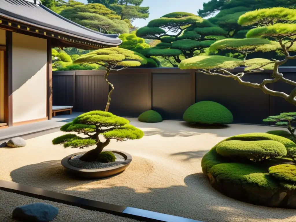 Feng Shui integración jardín hogar: Jardín de rocas japonés sereno con bonsáis y casa de té de fondo, irradiando paz y armonía