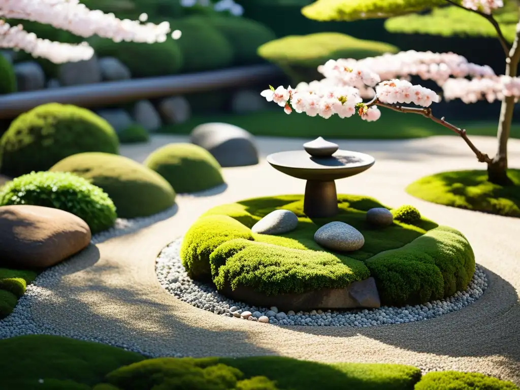 Un jardín de rocas japonés sereno con césped cuidadosamente recortado, rodeado de musgo verde y rocas estratégicamente ubicadas