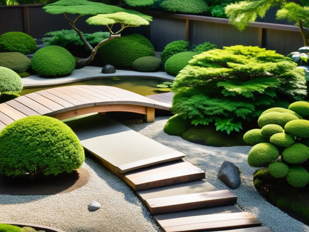 Un jardín de rocas japonés sereno con un diseño meticuloso y armonioso, rodeado de exuberante vegetación